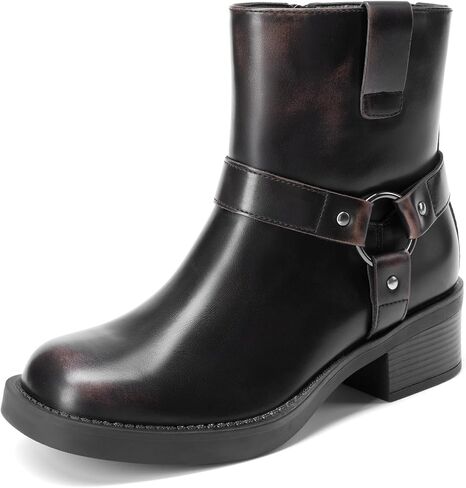 DREAM PAIRS Women's Ankle Booties Side Zipper Motorcycle Boots Square Toe Chunky Low Heel Fashion Buckles Biker Riding Boots in Saudi Arabia
