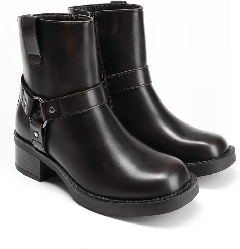 DREAM PAIRS Women's Ankle Booties Side Zipper Motorcycle Boots Square Toe Chunky Low Heel Fashion Buckles Biker Riding Boots in Saudi Arabia