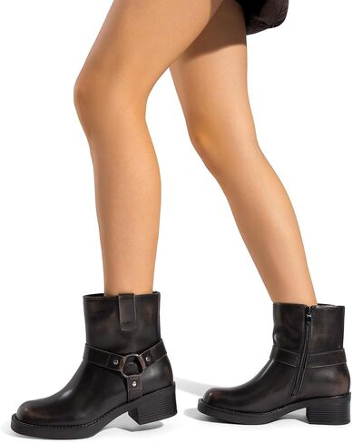 DREAM PAIRS Women's Ankle Booties Side Zipper Motorcycle Boots Square Toe Chunky Low Heel Fashion Buckles Biker Riding Boots in Saudi Arabia