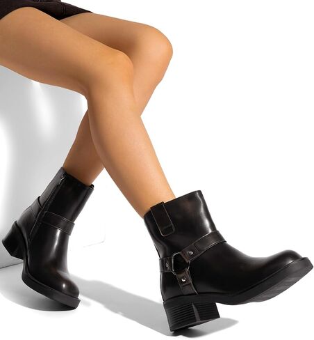 DREAM PAIRS Women's Ankle Booties Side Zipper Motorcycle Boots Square Toe Chunky Low Heel Fashion Buckles Biker Riding Boots in Saudi Arabia
