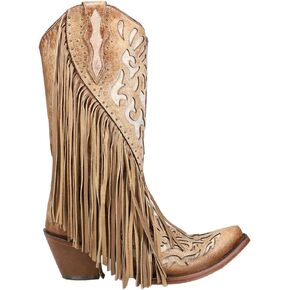 CORRAL LADIE'S SADDLE LAMB INLAY & EMBROIDERY & STUDS & FRINGES, SNIP TOE, LEATHER SOLE, WESTERN, C3766 in Kuwait