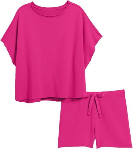 Bozanly Womens Loungewear Set Short Sleeve Top and Shorts Oversized 2 Piece Outfits Solid Color/Striped Matching Pajama Sets in Saudi Arabia