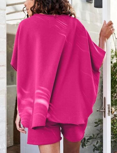 Bozanly Womens Loungewear Set Short Sleeve Top and Shorts Oversized 2 Piece Outfits Solid Color/Striped Matching Pajama Sets in Saudi Arabia