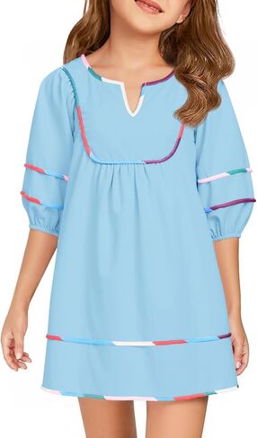 Haloumoning Girls 3/4 Lantern Sleeve Dress Kids Casual V Neck A-Line Flowy Dresses with Pockets 5-14 Years in Saudi Arabia
