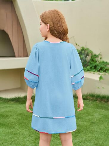Haloumoning Girls 3/4 Lantern Sleeve Dress Kids Casual V Neck A-Line Flowy Dresses with Pockets 5-14 Years in Saudi Arabia