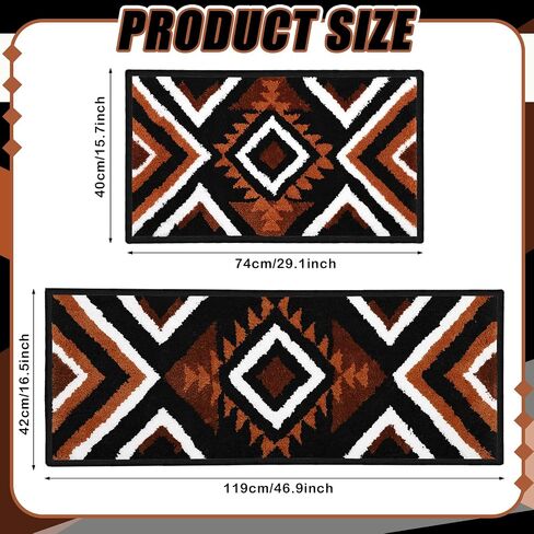 Nuanchu 2 Pcs Boho Bathroom Rugs Black Aztec Bath Mat Non Slip Western Geometric Bathroom Decor Soft Absorbent Decorative Microfiber Black and Tan Bathroom Rug for Shower Kitchen, 17" x 47" +16" x 29" in Saudi Arabia