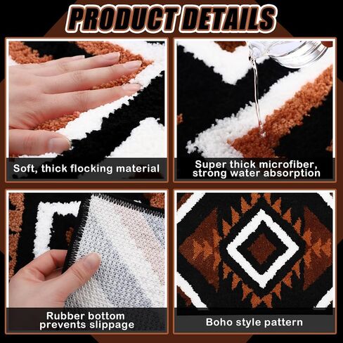 Nuanchu 2 Pcs Boho Bathroom Rugs Black Aztec Bath Mat Non Slip Western Geometric Bathroom Decor Soft Absorbent Decorative Microfiber Black and Tan Bathroom Rug for Shower Kitchen, 17" x 47" +16" x 29" in Saudi Arabia