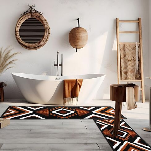 Nuanchu 2 Pcs Boho Bathroom Rugs Black Aztec Bath Mat Non Slip Western Geometric Bathroom Decor Soft Absorbent Decorative Microfiber Black and Tan Bathroom Rug for Shower Kitchen, 17" x 47" +16" x 29" in Saudi Arabia