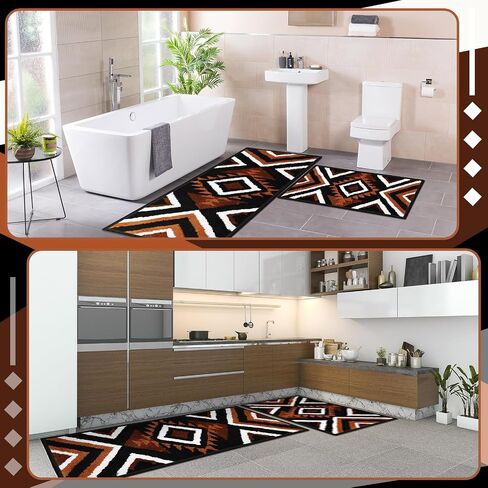 Nuanchu 2 Pcs Boho Bathroom Rugs Black Aztec Bath Mat Non Slip Western Geometric Bathroom Decor Soft Absorbent Decorative Microfiber Black and Tan Bathroom Rug for Shower Kitchen, 17" x 47" +16" x 29" in Saudi Arabia