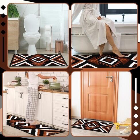 Nuanchu 2 Pcs Boho Bathroom Rugs Black Aztec Bath Mat Non Slip Western Geometric Bathroom Decor Soft Absorbent Decorative Microfiber Black and Tan Bathroom Rug for Shower Kitchen, 17" x 47" +16" x 29" in Saudi Arabia
