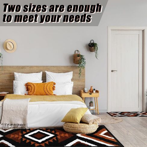 Nuanchu 2 Pcs Boho Bathroom Rugs Black Aztec Bath Mat Non Slip Western Geometric Bathroom Decor Soft Absorbent Decorative Microfiber Black and Tan Bathroom Rug for Shower Kitchen, 17" x 47" +16" x 29" in Saudi Arabia