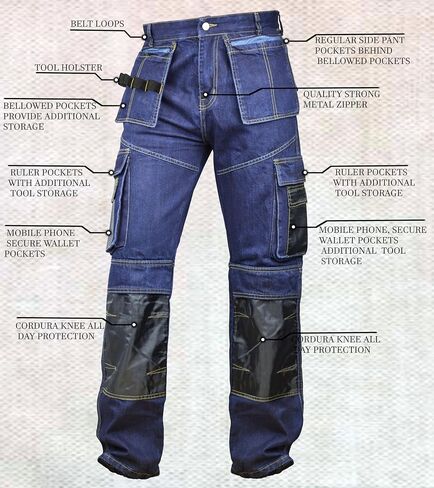 Juicy Trendz Denim Work Pants for Men Construction Heavy Duty Utility Pants Men Cargo Multi Pockets Carpenter Jeans in Kuwait