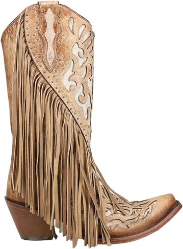 Corral Ladie's Saddle Lamb inlay & Embroidery & Studs & Fringes ، Snip Toe ، Leather Sole ، Western ، C3766 in Kuwait