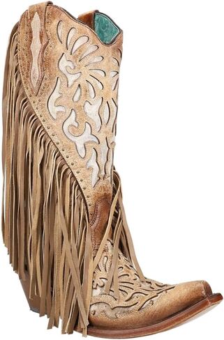Corral Ladie's Saddle Lamb inlay & Embroidery & Studs & Fringes ، Snip Toe ، Leather Sole ، Western ، C3766 in Kuwait