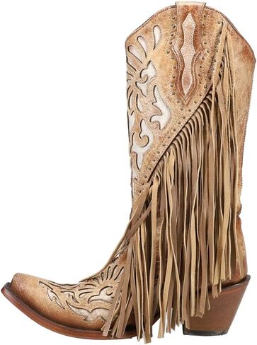 Corral Ladie's Saddle Lamb inlay & Embroidery & Studs & Fringes ، Snip Toe ، Leather Sole ، Western ، C3766 in Kuwait