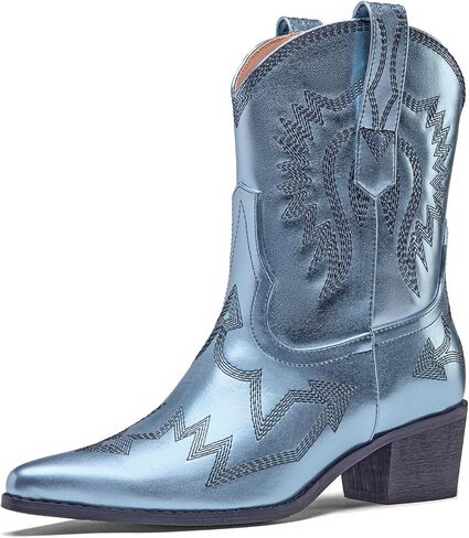 Cowboy Boots for Women Embroidered Metallic Ankle Western Cowgirl Boots Pointed Toe Chunky Heel in Kuwait