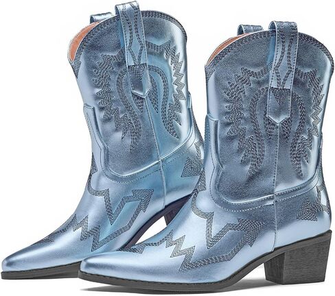 Cowboy Boots for Women Embroidered Metallic Ankle Western Cowgirl Boots Pointed Toe Chunky Heel in Kuwait