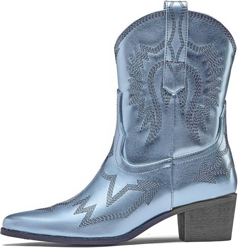 Cowboy Boots for Women Embroidered Metallic Ankle Western Cowgirl Boots Pointed Toe Chunky Heel in Kuwait
