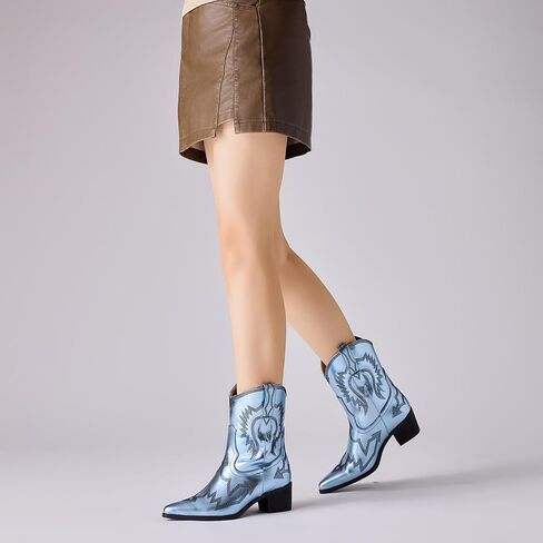 Cowboy Boots for Women Embroidered Metallic Ankle Western Cowgirl Boots Pointed Toe Chunky Heel in Kuwait