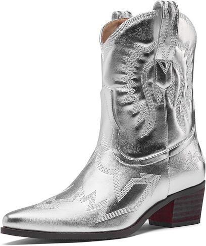 Cowboy Boots for Women Embroidered Metallic Ankle Western Cowgirl Boots Pointed Toe Chunky Heel in Kuwait