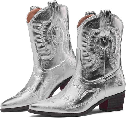 Cowboy Boots for Women Embroidered Metallic Ankle Western Cowgirl Boots Pointed Toe Chunky Heel in Kuwait