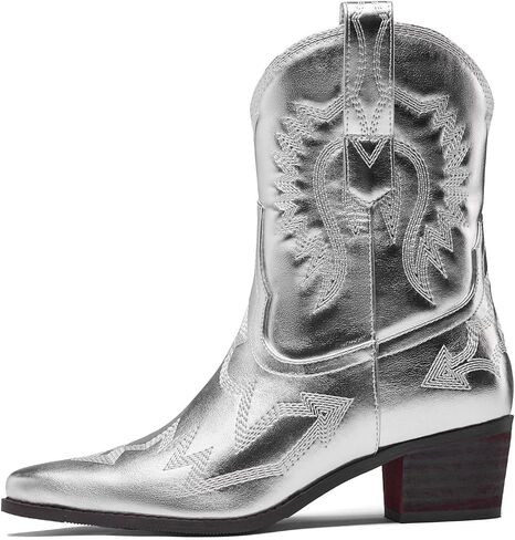 Cowboy Boots for Women Embroidered Metallic Ankle Western Cowgirl Boots Pointed Toe Chunky Heel in Kuwait