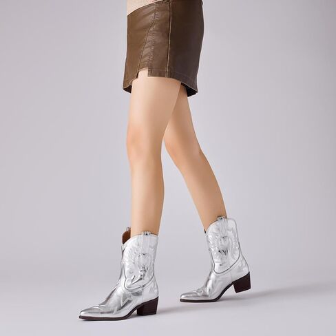 Cowboy Boots for Women Embroidered Metallic Ankle Western Cowgirl Boots Pointed Toe Chunky Heel in Kuwait