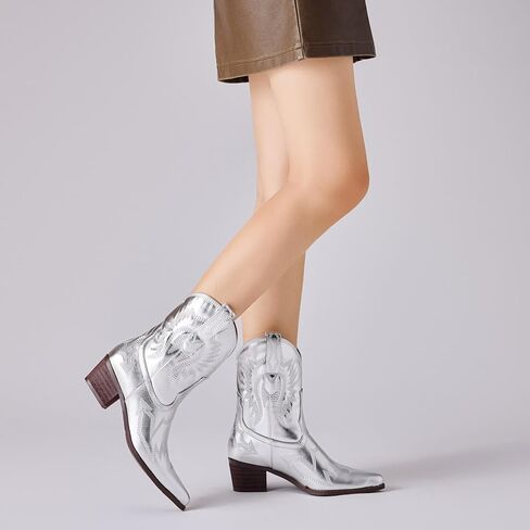 Cowboy Boots for Women Embroidered Metallic Ankle Western Cowgirl Boots Pointed Toe Chunky Heel in Kuwait