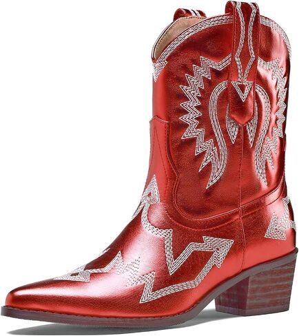 Cowboy Boots for Women Embroidered Metallic Ankle Western Cowgirl Boots Pointed Toe Chunky Heel in Kuwait