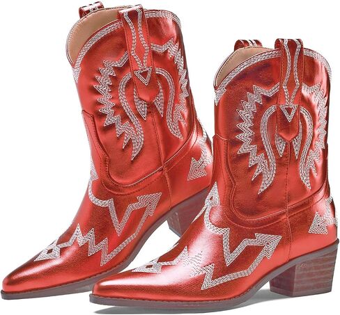Cowboy Boots for Women Embroidered Metallic Ankle Western Cowgirl Boots Pointed Toe Chunky Heel in Kuwait