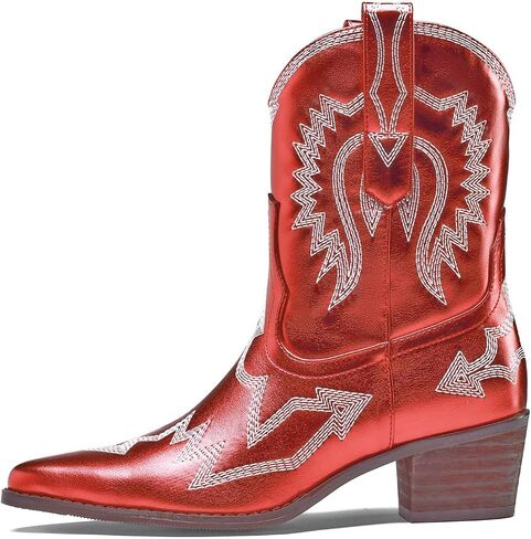 Cowboy Boots for Women Embroidered Metallic Ankle Western Cowgirl Boots Pointed Toe Chunky Heel in Kuwait