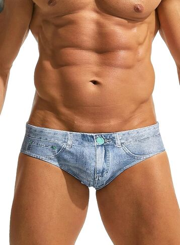 MIZOK Mens Denim Print Swim Briefs Funny Beach Swimwear Swimsuit in Saudi Arabia