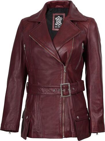 سترة جلدية نسائية غير متماثلة من Decrum - سترات من جلد الخراف الحقيقي بحزام للنساء in Kuwait