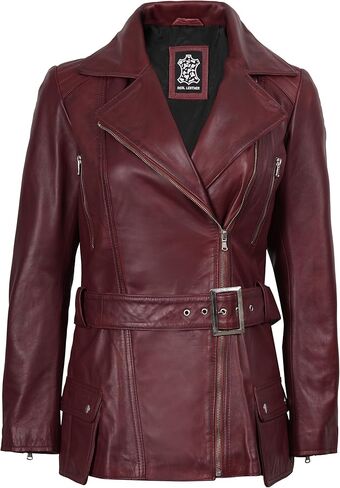 سترة جلدية نسائية غير متماثلة من Decrum - سترات من جلد الخراف الحقيقي بحزام للنساء in Kuwait