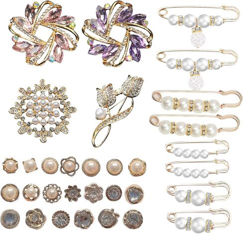 32pcs Jewelry Shoe Charms for Sneakers, Shoe Charms with Safety Pins, Crystal Pearl Brooches Pins Decorations for Junk Socks, Clothes, Bags, Hats in Saudi Arabia
