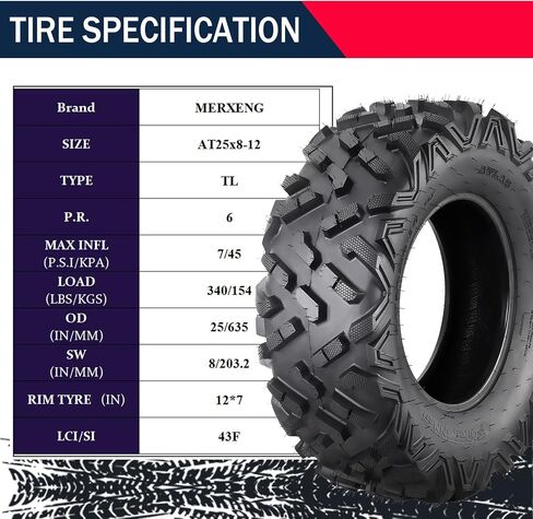 2 Pcs 25x8-12 ATV/UTV Tires 6PR, All Terrain 15mm Tread Depth 25x8x12 Trail Sand Mud Stream Off-Road Tires in Saudi Arabia
