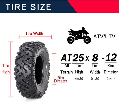 2 Pcs 25x8-12 ATV/UTV Tires 6PR, All Terrain 15mm Tread Depth 25x8x12 Trail Sand Mud Stream Off-Road Tires in Saudi Arabia
