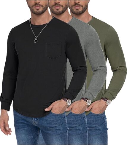 3 Pack Men's Long Sleeve Pure Cotton T-Shirt Crewneck Pocket Tee Longline Casual Lightweight Fall Basic Shirts in Saudi Arabia