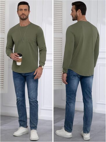3 Pack Men's Long Sleeve Pure Cotton T-Shirt Crewneck Pocket Tee Longline Casual Lightweight Fall Basic Shirts in Saudi Arabia