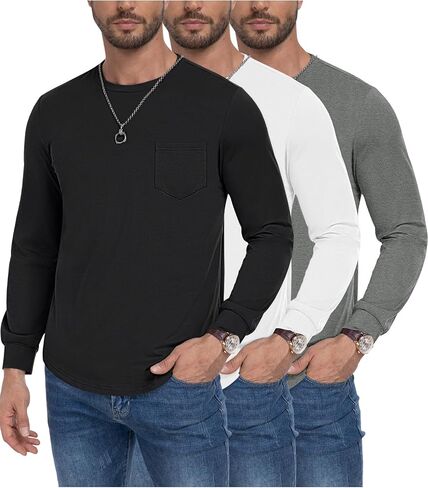 3 Pack Men's Long Sleeve Pure Cotton T-Shirt Crewneck Pocket Tee Longline Casual Lightweight Fall Basic Shirts in Saudi Arabia