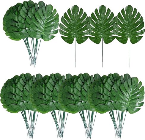 XONOR Artificial Monstera Leaves Fake Tropical Leaves, Faux Palm Leaves for Jungle Hawaiian Dinosaur Luau Party Table Decoration Wedding Birthday Theme Party (100Pcs, Monstera) in Saudi Arabia