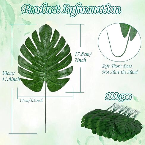 XONOR Artificial Monstera Leaves Fake Tropical Leaves, Faux Palm Leaves for Jungle Hawaiian Dinosaur Luau Party Table Decoration Wedding Birthday Theme Party (100Pcs, Monstera) in Saudi Arabia