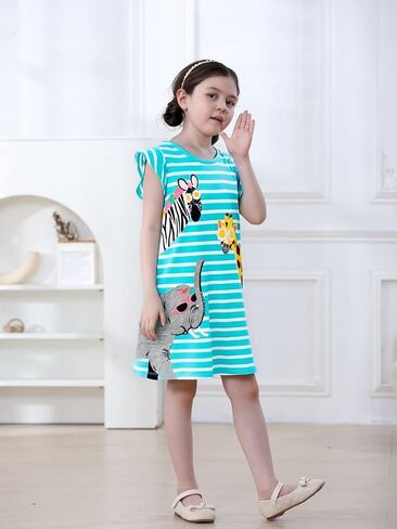 FreeLu Toddler Girls Cotton Summer Short Sleeve Dress Cartoon Print Casual Jersey Dresses in Kuwait
