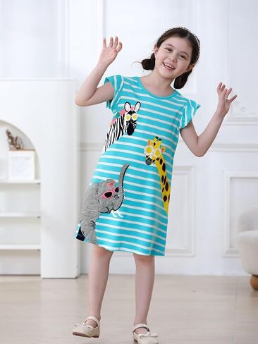 FreeLu Toddler Girls Cotton Summer Short Sleeve Dress Cartoon Print Casual Jersey Dresses in Kuwait