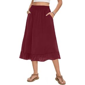 Midi Skirts for Women Trendy Elastic High Waist Flowy Swing A Line Casual Tiered Ruffle Skirt with Pockets in Kuwait