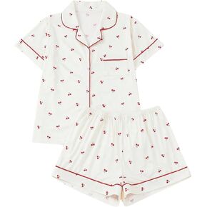 Women's Two Piece Pajama Sets Allover Print Short Sleeve Sleepwear Button Down Shirt and Bow Shorts Pj Set Loungewear in Kuwait