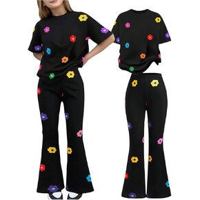 verdusa girl's 2 omfits summer tees graphic tees with bell bottrible bants lets stet in Kuwait