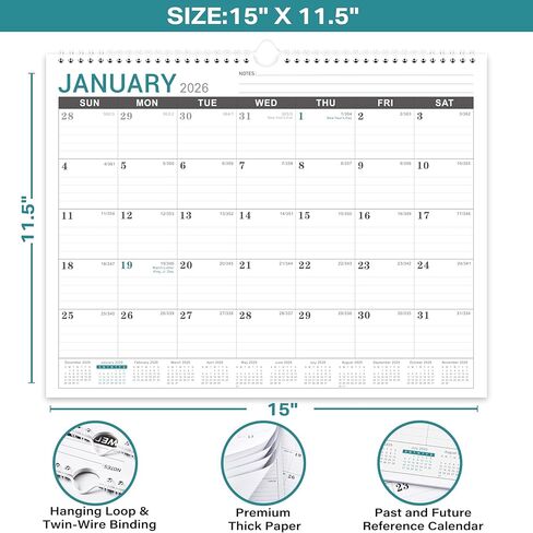 Wall Calendar 2025-2026 - Monthly Calendar from July 2025 to December 2026, Calendar 2025-2026 with Premium Paper, Spiral Bound, 14.5'' x 11.5‘’ in Kuwait