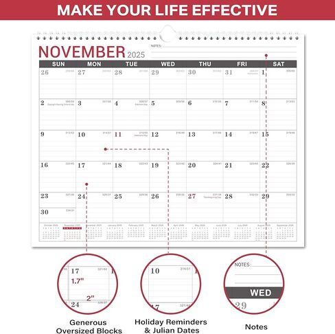 Wall Calendar 2025-2026 - Monthly Calendar from July 2025 to December 2026, Calendar 2025-2026 with Premium Paper, Spiral Bound, 14.5'' x 11.5‘’ in Kuwait