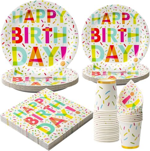 100 Pcs Party Plates and Cups and Napkins Sets, Birthday Paper Plates and Napkins, Disposable Tableware Set, Party Supplies for Kids Happy Birthday, Serve for 25, Dot Design in Saudi Arabia